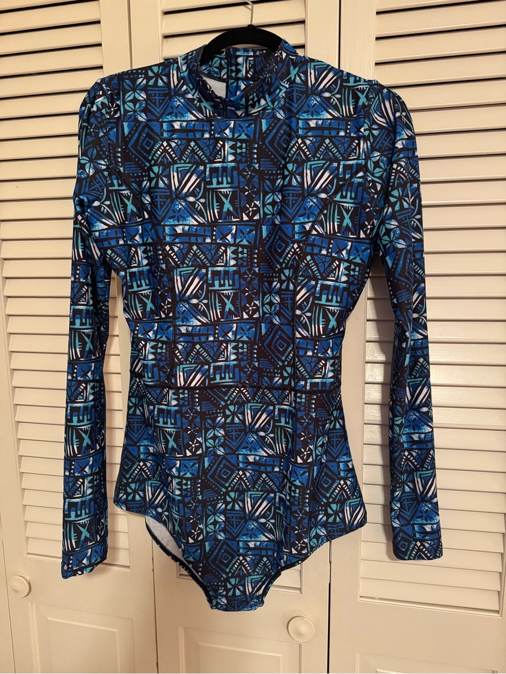 Blue Geometric Long-Sleeve One-Piece Swimsuit